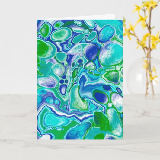 Blauwe en groene marmer Fluid Art Birthday Kaart (Gele Bloem)