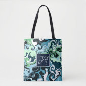 Blauwe en groene marmer-kunst in de Sage Monogramm Tote Bag (Voorkant)