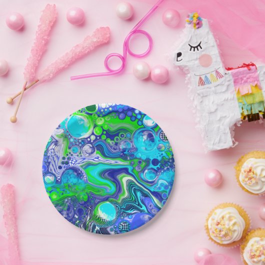 Blauwe en groene marmer Swirls Birthday Party Papieren Bordje (Feest)
