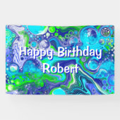 Blauwe en groene marmer Swirls Birthday Party Spandoek (Horizontaal)