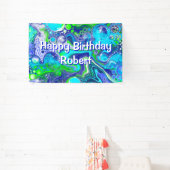 Blauwe en groene marmer Swirls Birthday Party Spandoek (Insitu)