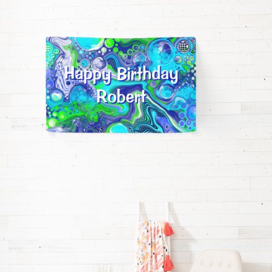 Blauwe en groene marmer Swirls Birthday Party Spandoek (Insitu)