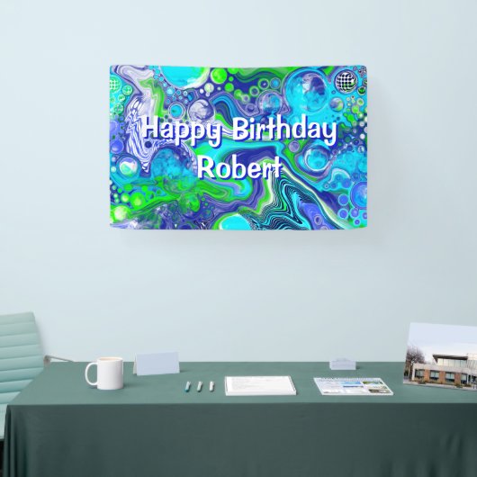 Blauwe en groene marmer Swirls Birthday Party Spandoek (Beurs)