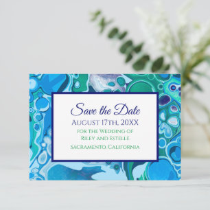 Blauwe en groene marmer Wedding Save the Date RSVP Kaartje