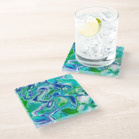 Blauwe en groene marmervochtige kunst Abstract Glazen Onderzetter (Schuin)