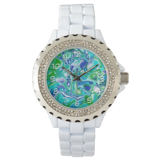 Blauwe en groene marmervochtige kunst Abstract Horloge (Voorkant)