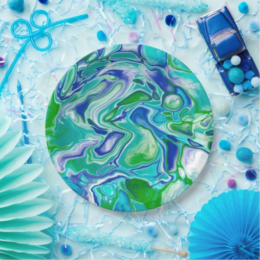 Blauwe en groene marmervochtige kunst Abstract Papieren Bordje (Feest)