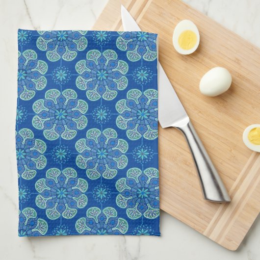 Blauwe en groene medaillons theedoek (Quarter Fold)