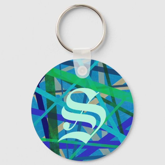 Blauwe en groene monogram van het Patroon Monogram Sleutelhanger (Voorkant)