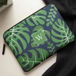 Blauwe en groene monogrammen Monstera Leaves Laptop Sleeve
