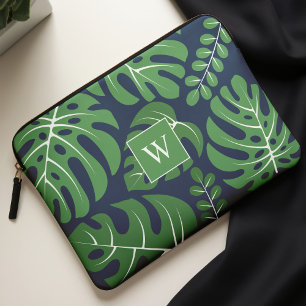 Blauwe en groene monogrammen Monstera Leaves Laptop Sleeve