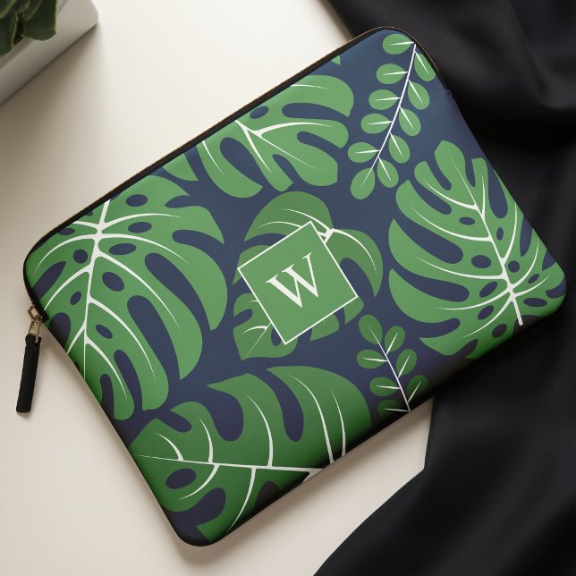 Blauwe en groene monogrammen Monstera Leaves Laptop Sleeve (Creator heeft geüpload)