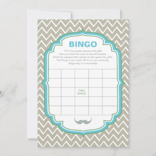 Blauwe en groene Mustach Baby shower Bingo Game Ka Kaart (Voorkant)