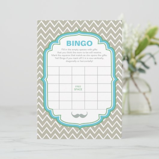 Blauwe en groene Mustach Baby shower Bingo Game Ka Kaart (Staand voorkant)