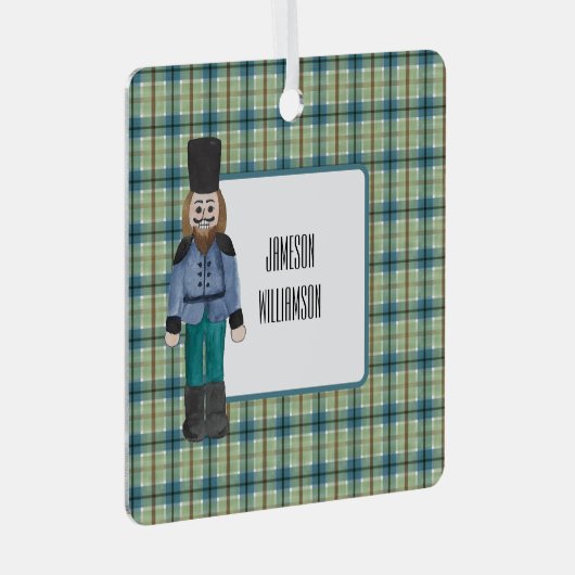 Blauwe en groene notenkraker op Plaid Metalen Ornament (Voorkant Rechts)