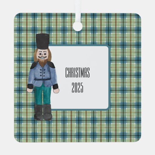 Blauwe en groene notenkraker op Plaid Metalen Ornament (Achterkant)