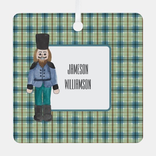 Blauwe en groene notenkraker op Plaid Metalen Ornament (Voorkant)