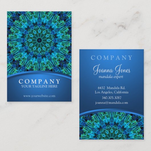 Blauwe en groene Pareltjes Mandala Visitekaartje (Voorkant / Achterkant)