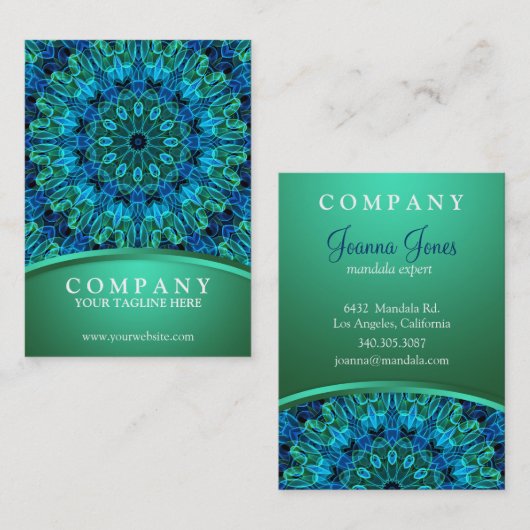 Blauwe en groene Pareltjes Mandala Visitekaartje (Voorkant / Achterkant)