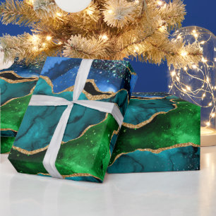 Blauwe en groene pauw nep glinsterende agaat cadeaupapier