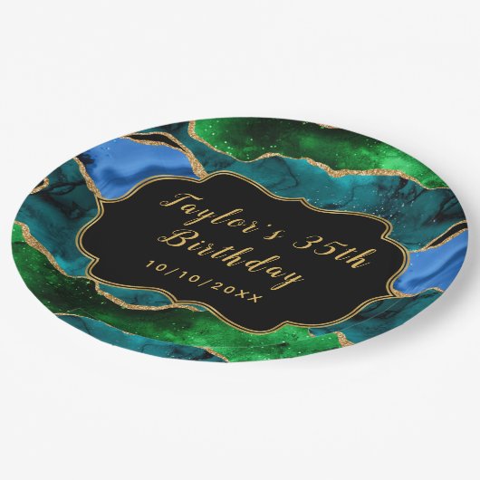 Blauwe en groene Peacock Agate Birthday Papieren Bordje (Gekanteld)