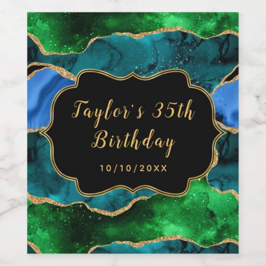 Blauwe en groene Peacock Agate Birthday Wijn Etiket (Enkel label)