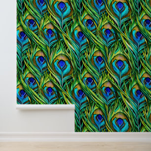 Blauwe en groene Peacock Feathers Collage Behang