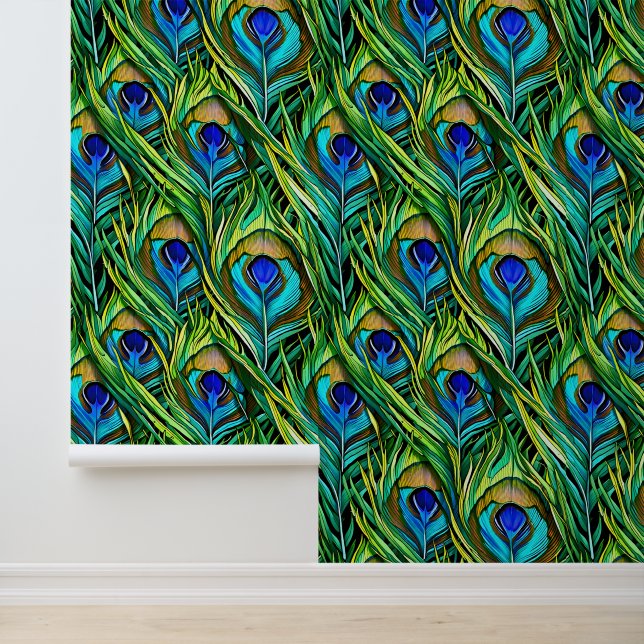 Blauwe en groene Peacock Feathers Collage Behang (Applicatie)