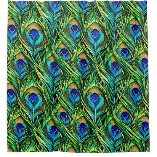 Blauwe en groene Peacock Feathers Collage Douchegordijn (Voorkant)