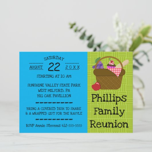 Blauwe en groene picknick Basket Family Reunion Kaart (Staand voorkant)