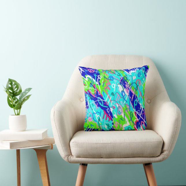 Blauwe en Groene Pop Kunst Kussen (Stoel)