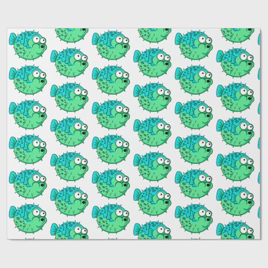 blauwe en groene puffer vis met grote ogen porcupi cadeaupapier (Vlak)