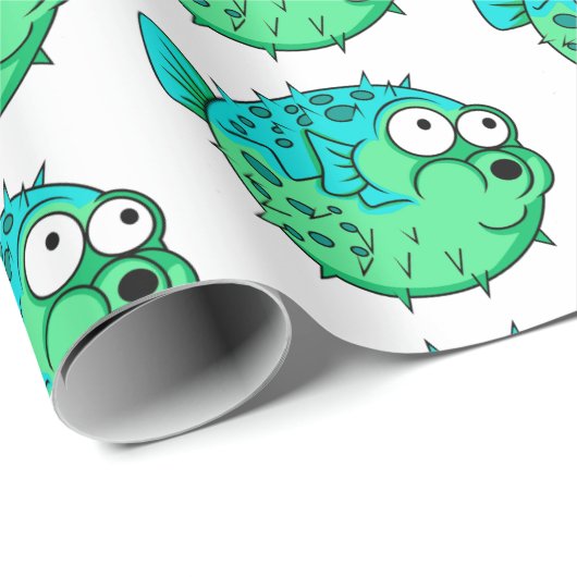 blauwe en groene puffer vis met grote ogen porcupi cadeaupapier (Rol Hoek)