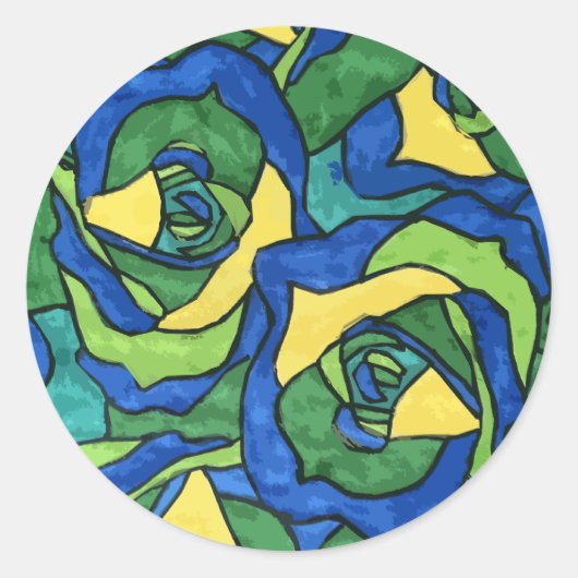 Blauwe en groene Rozen Ronde Sticker (Voorkant)