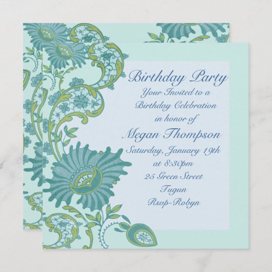 Blauwe en groene spoeling Birthday Uitnodiging (Voorkant / Achterkant)