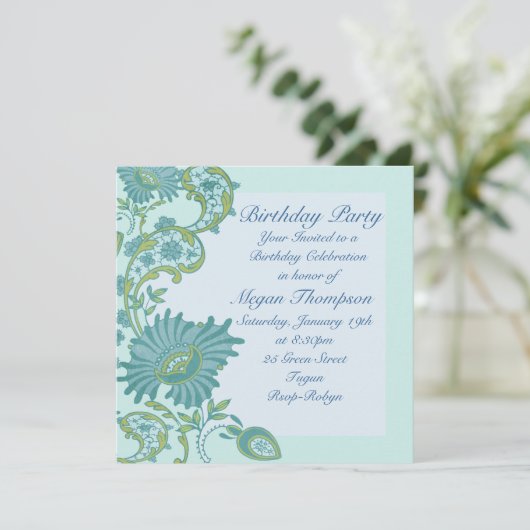 Blauwe en groene spoeling Birthday Uitnodiging (Staand voorkant)