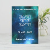 Blauwe en groene sterrenweddenschap save the date (Staand voorkant)