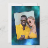 Blauwe en groene sterrenweddenschap save the date (Achterkant)