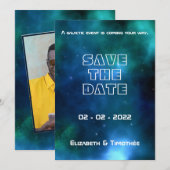 Blauwe en groene sterrenweddenschap save the date (Voorkant / Achterkant)