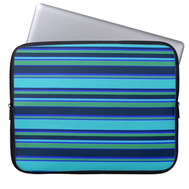 Blauwe en groene strepen laptop sleeve (Voorkant)
