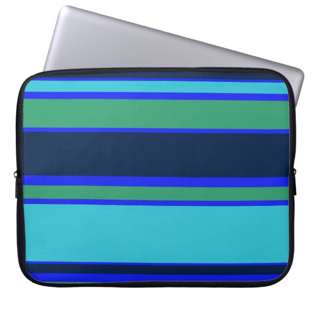 Blauwe en groene strepen laptop sleeve (Voorkant)