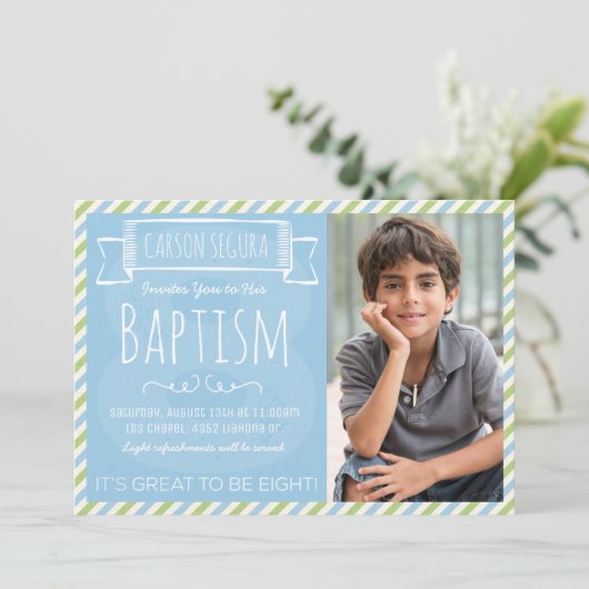 Blauwe en groene strepen LDS doopuitnodiging Kaart (Staand voorkant)
