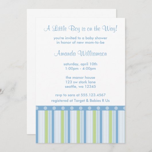 Blauwe en groene Stripe Baby Boy Shower-uitnodigin Kaart (Voorkant / Achterkant)