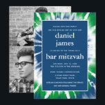 Blauwe en Groene Tie Dye Bar Mitzvah Fotocollage Kaart<br><div class="desc">Deze moderne uitnodiging is voorzien van een opvallende witte belettering op de voorkant met een blauwe en groene stropdas dye spiraal. De achterkant bevat drie foto's naar keuze, in zwart-wit. Gebruik het sjabloon formulier om uw aangepaste tekst toe te voegen. De functie Aanpassen kan worden gebruikt om het lettertype, de...</div>