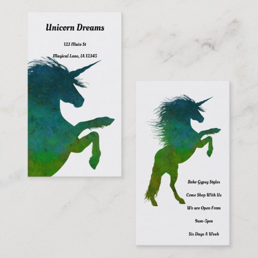blauwe en groene unicorn visitekaartje (Voorkant / Achterkant)