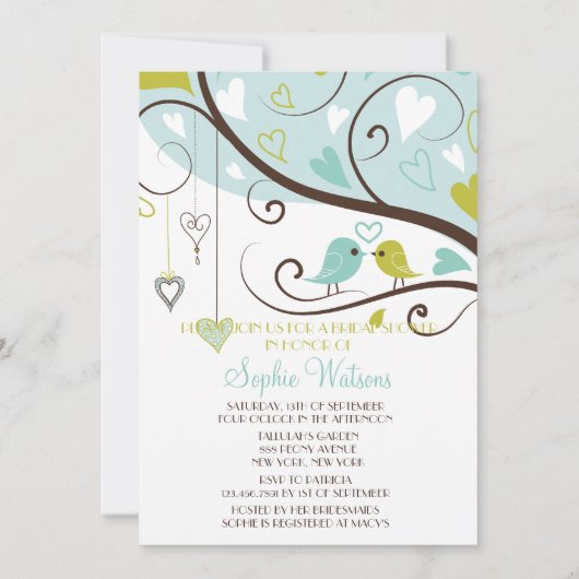 Blauwe en groene vedervogels Bridal Shower Invitat Kaart (Achterkant)
