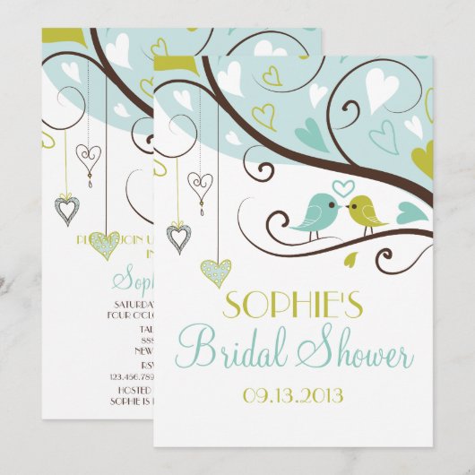 Blauwe en groene vedervogels Bridal Shower Invitat Kaart (Voorkant / Achterkant)