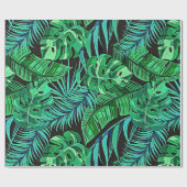 Blauwe en groene veren en tropische bladeren cadeaupapier (Vlak)