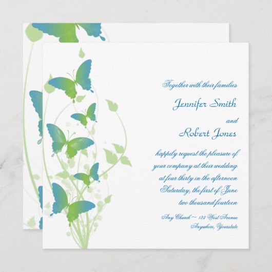 Blauwe en Groene Vlinder Vine Bruiloft Uitnodiging (Voorkant / Achterkant)