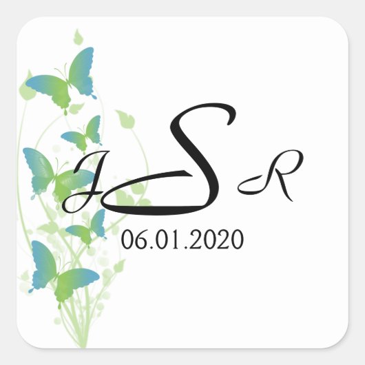 Blauwe en Groene Vlinder Vine Monogram Sticker (Voorkant)